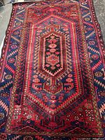 Full view of the Persian wool rug showing pattern, colors and fringe