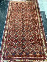 Full view of Balouchi wool rug showing complete pattern and borders