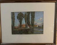 Front view of framed watercolor landscape painting with mat and frame