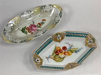 Two porcelain dishes front view showing designs