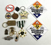 Overview of entire lot showing all keychains, pins, pendants and patches