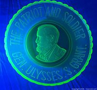 Full overhead view showing entire fluorescent uranium glass bowl and embossed text