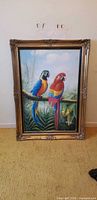 Full view of framed parrot painting against wall and floor