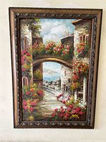 Full view of framed vertical oil painting showing entire scene and frame