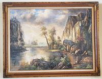 Full view of framed oil painting showing entire scene and frame