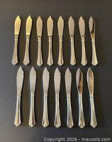 All fifteen stainless steel Juilliard butter knives aligned front view