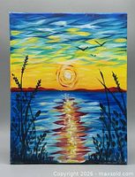 Full view of painting showing sunset, lake, birds, and grasses
