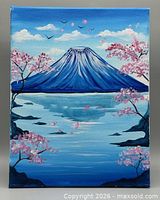 Full view of painting showing Mount Fuji landscape