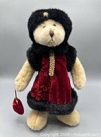 Full view of bear standing with outfit and purse visible