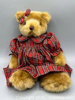 Full view of bear seated wearing plaid dress and bow