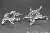 Both clear glass lily blossom holders angled side view