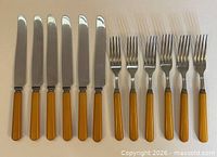 Full view of 6 knives and 6 forks laid side by side displaying handles and stainless portions