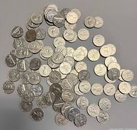 Pile of approximately 100 Canadian 5-cent coins mixed dates