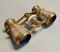 Three-quarter view showing mother-of-pearl panels and brass construction