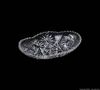 Top view of oval cut glass dish showing pattern and overall form