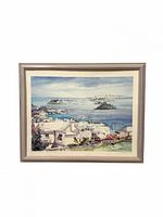 Front view of framed lithograph showing harbor scene