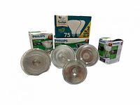 Front view of four floodlight bulbs with three Philips and one SLI boxes