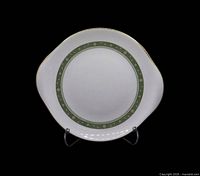 Front view of Royal Doulton Rondelay serving plate showing green floral band and gold rim