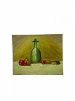 Front view of still life oil painting with decanter and fruit