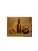 Front view showing full still life composition with bottle, teapot and fruit