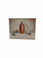 Front view of oil painting showing decanter, bowl and fruit