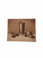 Front view of oil on canvas still life showing vase, bowl and spheres