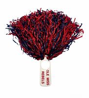 Front view of pom pom showing red and navy streamers and handle text