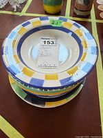 Stack of plates and bowls showing colour pattern and size tag