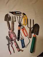 All eleven gardening tools laid out on surface