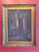 Front view of oil painting in ornate gilt frame, hallway scene with grandfather clock and side table visible