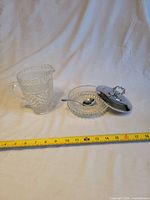 Pitcher, jam dish with lid and spoon, tape for scale