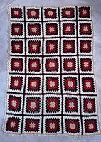 Full view of unfolded granny square afghan showing pattern and color scheme
