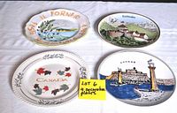 Top view of all four decorative plates arranged on tablecloth