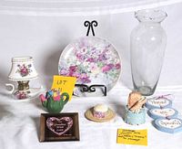 Group shot of all decor items on white cloth