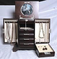 Full view of jewelry box open with necklaces and earrings displayed