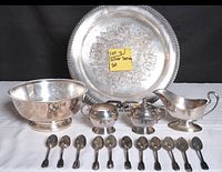 Full lot showing platter, bowl, sugar, creamer, gravy boat and 11 teaspoons