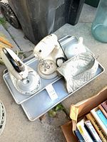 Overall lot on tray showing mixer components and accessories