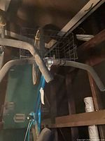 Front basket and handlebars of blue/teal Murray bicycle