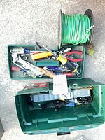 Overall lot showing toolbox, tools and wire spool