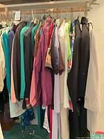 Closet rod with assorted women’s garments  showing quantity and variety