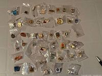 Overview of 41 individually bagged Canadian lapel pins spread on table
