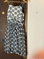 Full front view of polka dot dress on hanger