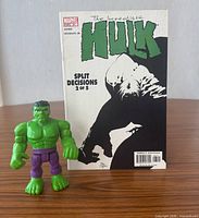 Front view of Hulk action figure and comic book cover
