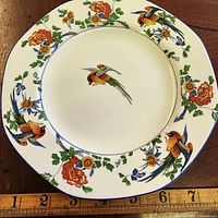 Front view of plate showing Golden Pheasant pattern and ruler for scale