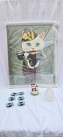 Overall lot: framed cat artwork, six plates, ceramic figurine, frosted glass vase