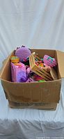 Overall view of cardboard box filled with assorted toys