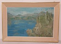 Full view of framed oil painting depicting lake and mountains