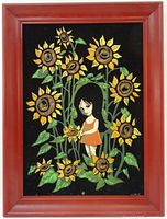 Front view of framed black velvet painting showing girl with sunflowers