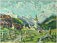 Full view of acrylic paint-by-number alpine landscape on masonite