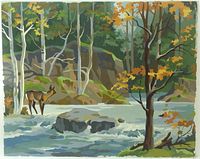 front view of entire painting showing deer and forest scene